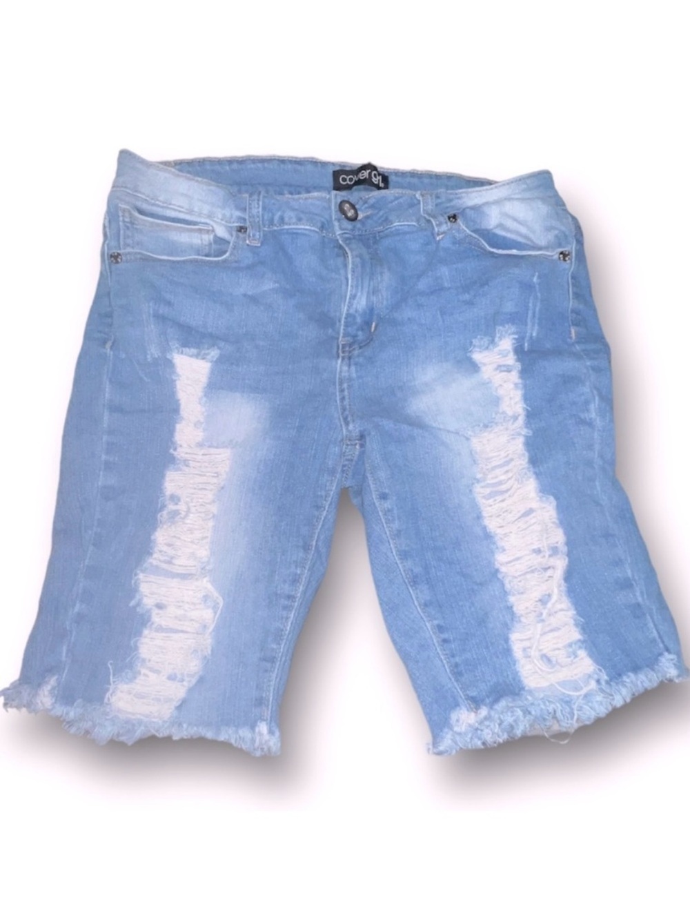 Cover Girl Distressed Denim Bermuda Jean Shorts High Waist Stretch Sz 11/12 EUC